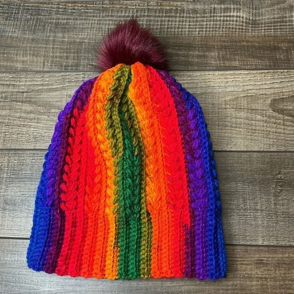 Handcrafted Crochet Multicolor Winter Hat Snowy Wheat Knit Beanie with Pom Pom